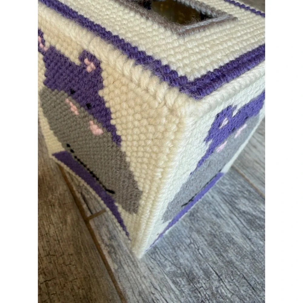 Handmade Hippo Needlepoint Tissue Box Cover Cottagecore Yarn Folk Art Home Decor